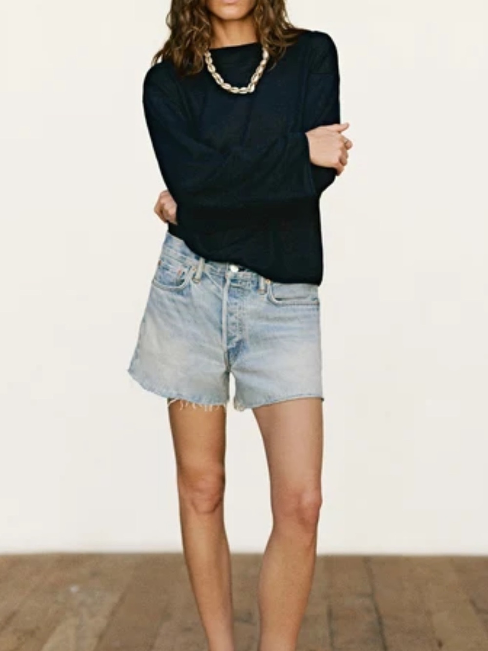 Buck Mason Outrider Light Wash Denim Frayed Hem Shorts